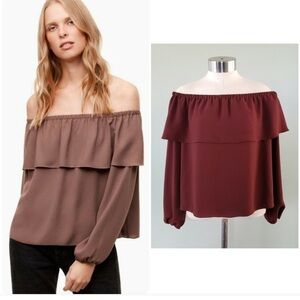 Aritzia Wilfred Morel Caban Burgandy Crepe Ruffle Off the Shoulder Top. XXS.